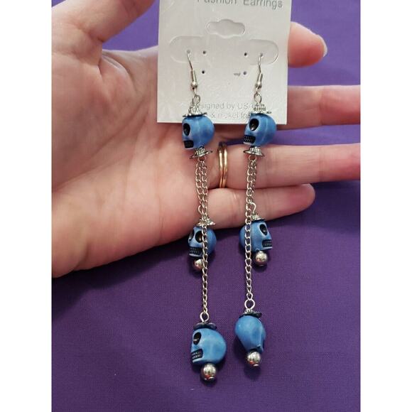 Blue Skull Long Dangle Earrings Halloween Bikercore Punkcore Rocker Goth Boho - Picture 3 of 5
